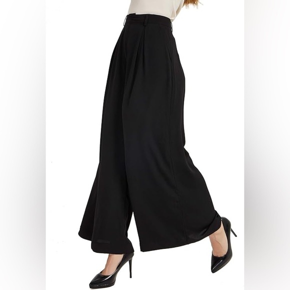 Tronjori Women Black High Waist Casual Wide Leg Long Palazzo Pants Trousers S - Picture 5 of 11